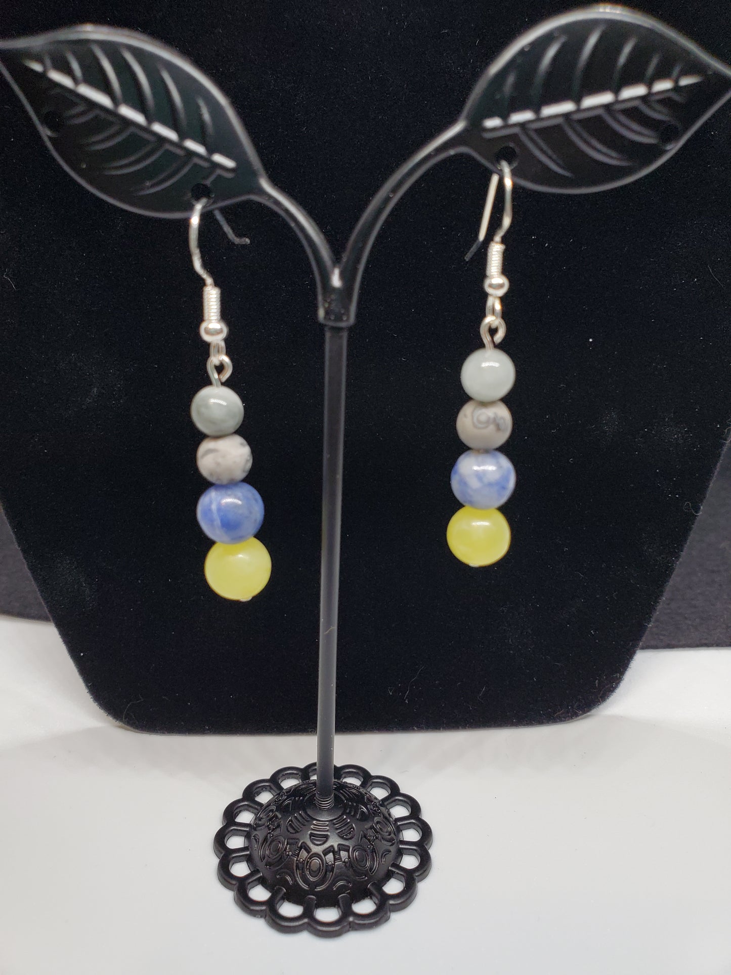 Timberwolves Gemstone Earrings: Lemon Calcite, Sodalite & Grey Crazy Lace. - Cinnful Charms Jewelry