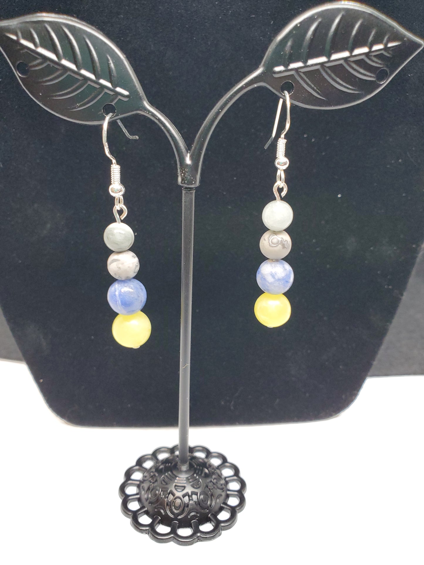 Timberwolves Gemstone Earrings: Lemon Calcite, Sodalite & Grey Crazy Lace. - Cinnful Charms Jewelry
