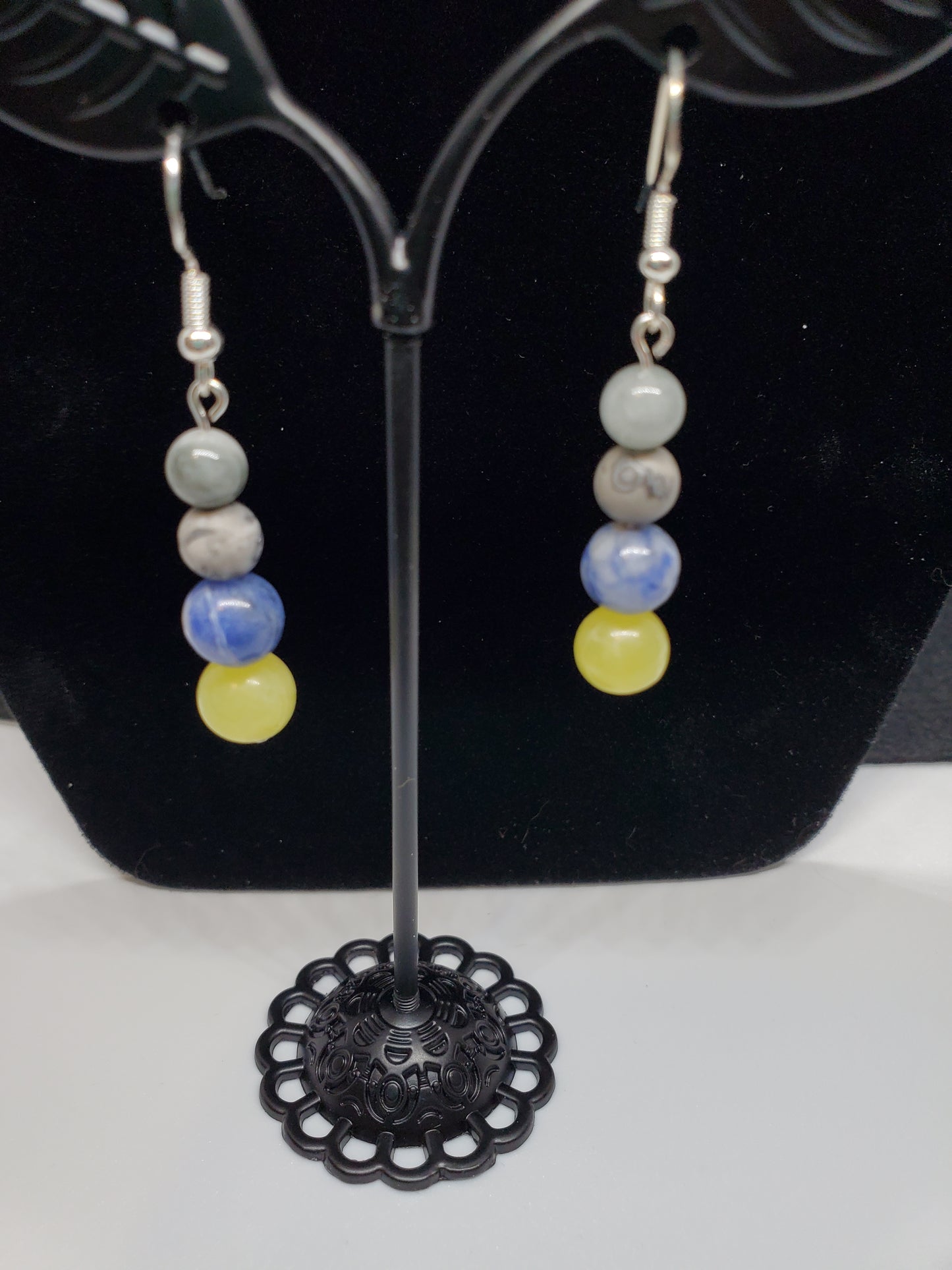 Timberwolves Gemstone Earrings: Lemon Calcite, Sodalite & Grey Crazy Lace. - Cinnful Charms Jewelry