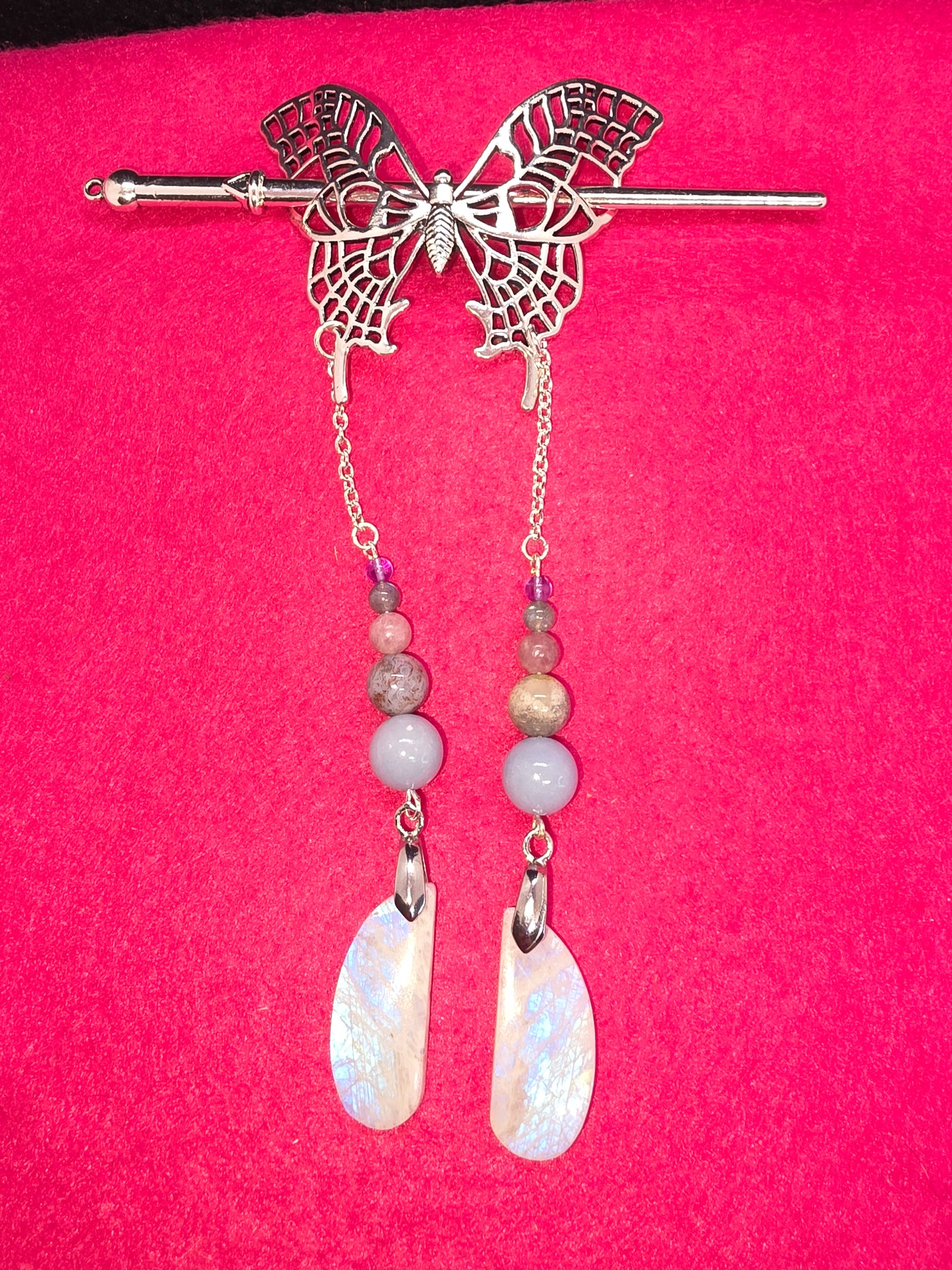 Viking & Butterfly Whispers: Silver Hair Clips with Blue Flash & Ancient Gems - Cinnful Charms Jewelry