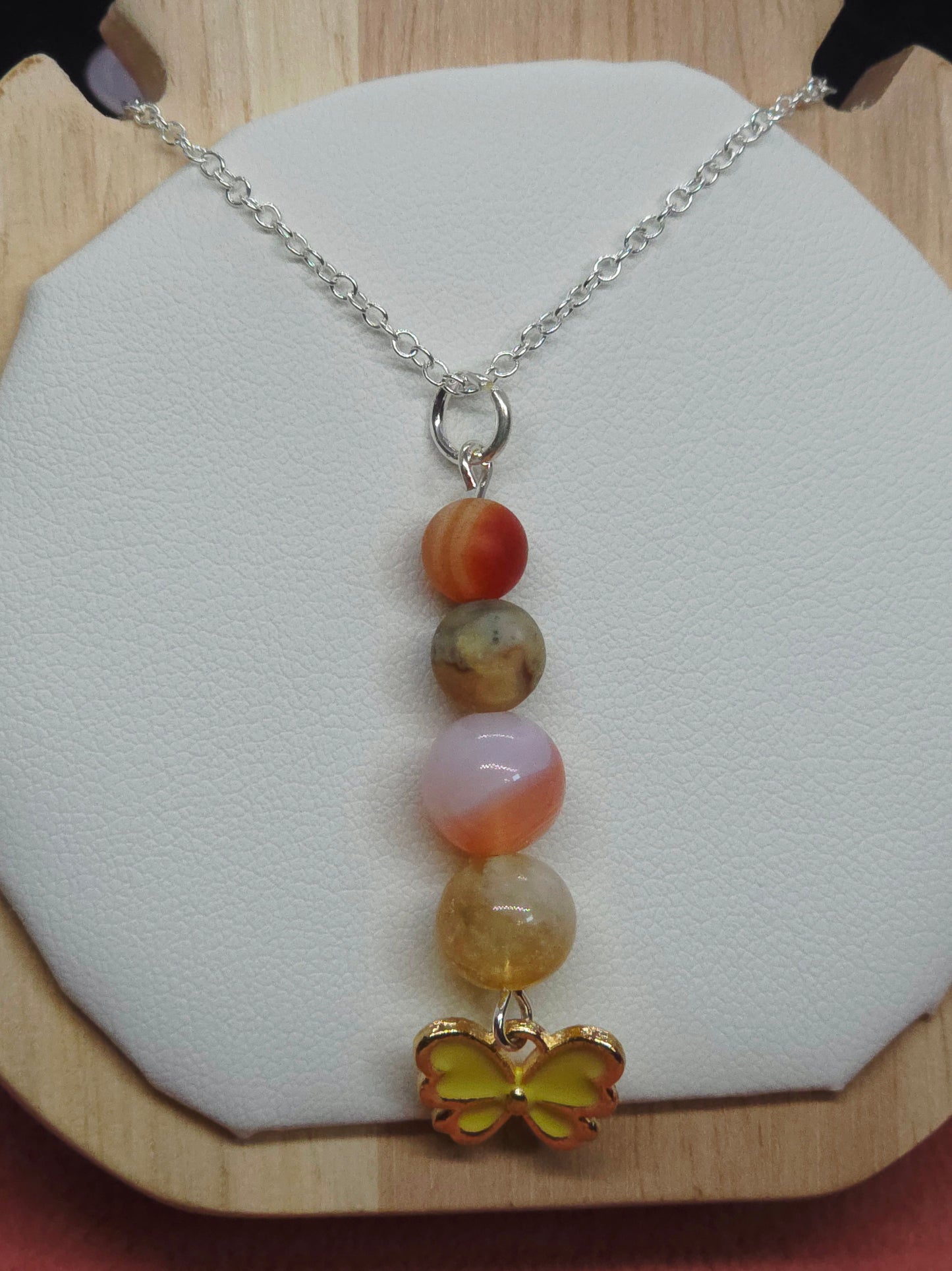 Fluttering Radiance Necklace: Yellow Butterfly, Citrine, Red Botswana, Crazy Lace & Red Matte Sardonyx - Cinnful Charms Jewelry