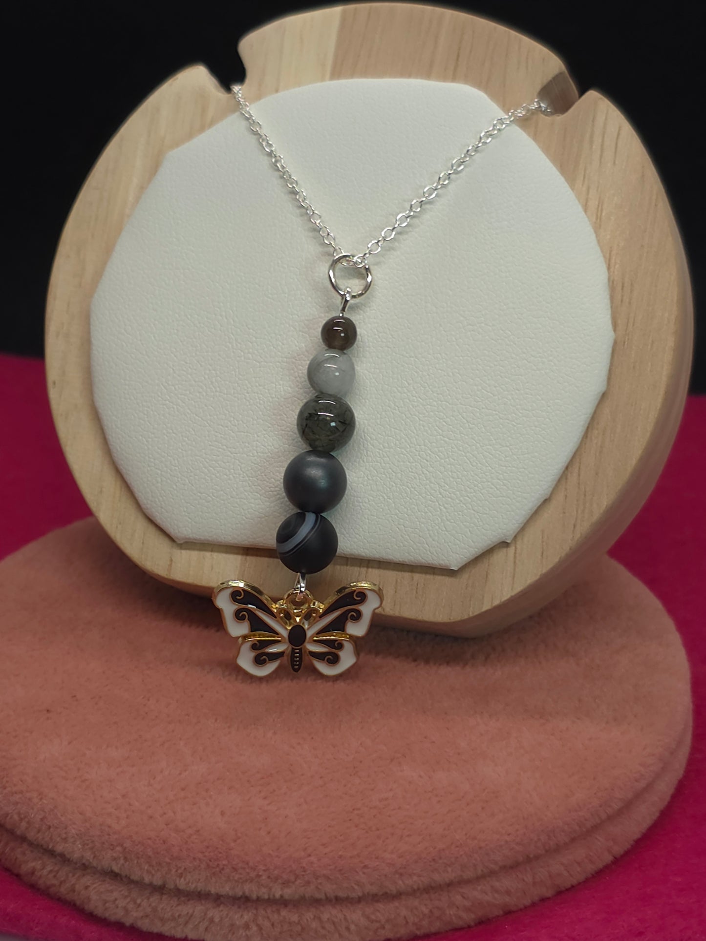 Grounded Radiance Necklace: Black Sardonyx, Hematite, Rutilated Green Quartz, Labradorite & Grey Jasper - Cinnful Charms Jewelry