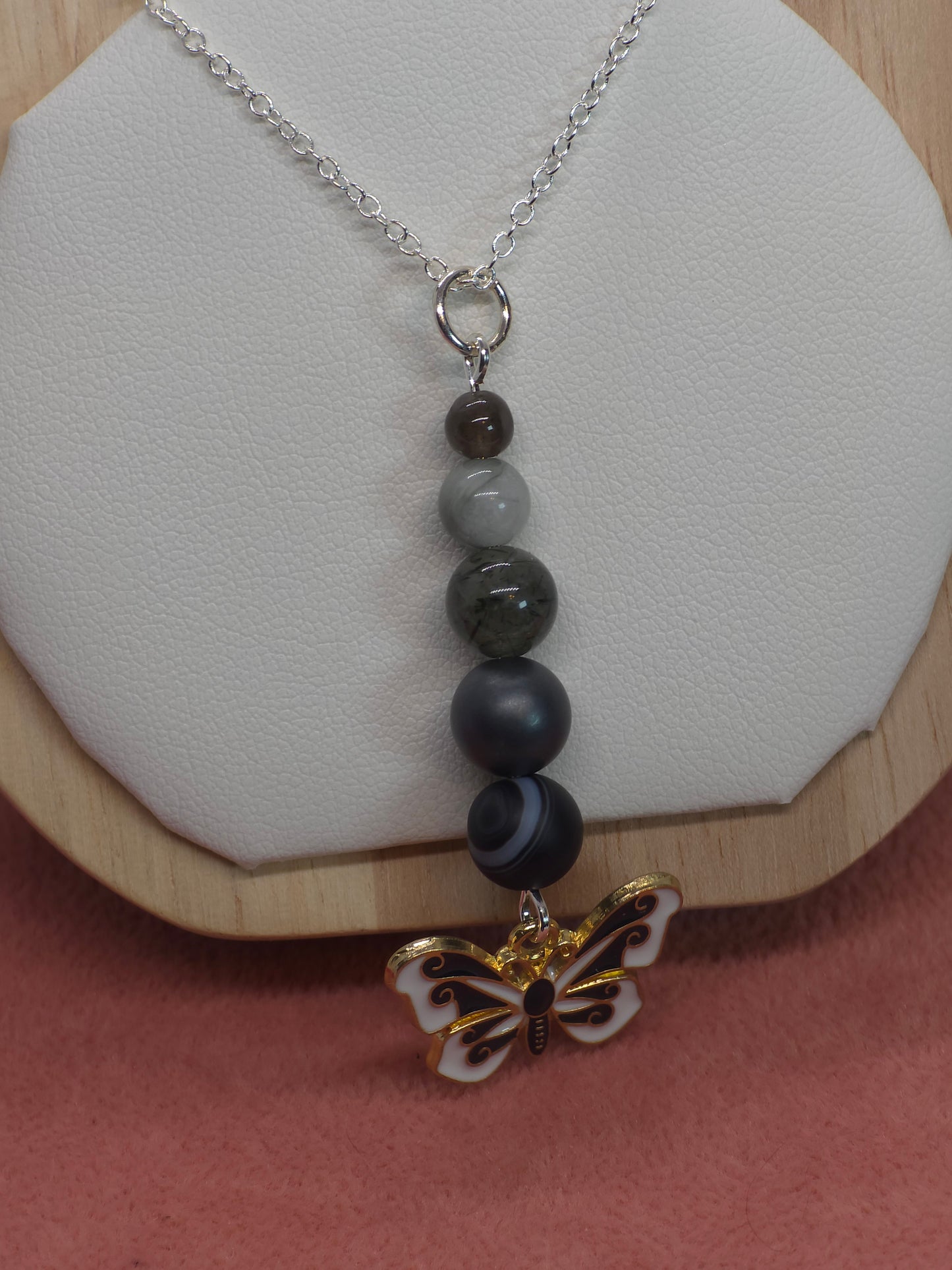 Grounded Radiance Necklace: Black Sardonyx, Hematite, Rutilated Green Quartz, Labradorite & Grey Jasper - Cinnful Charms Jewelry