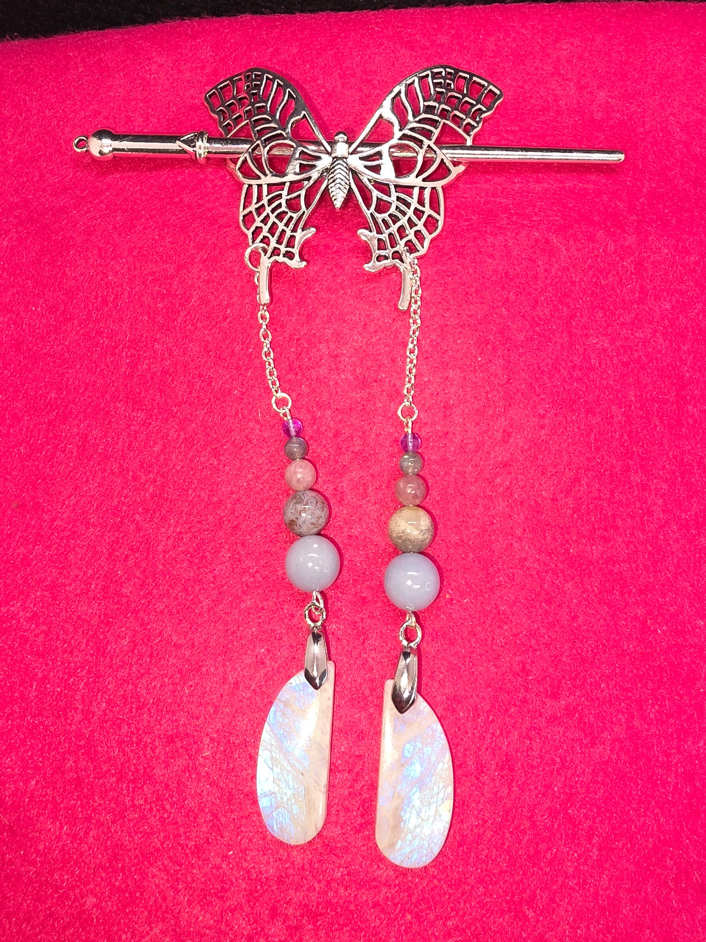 Viking & Butterfly Whispers: Silver Hair Clips with Blue Flash & Ancient Gems - Cinnful Charms Jewelry