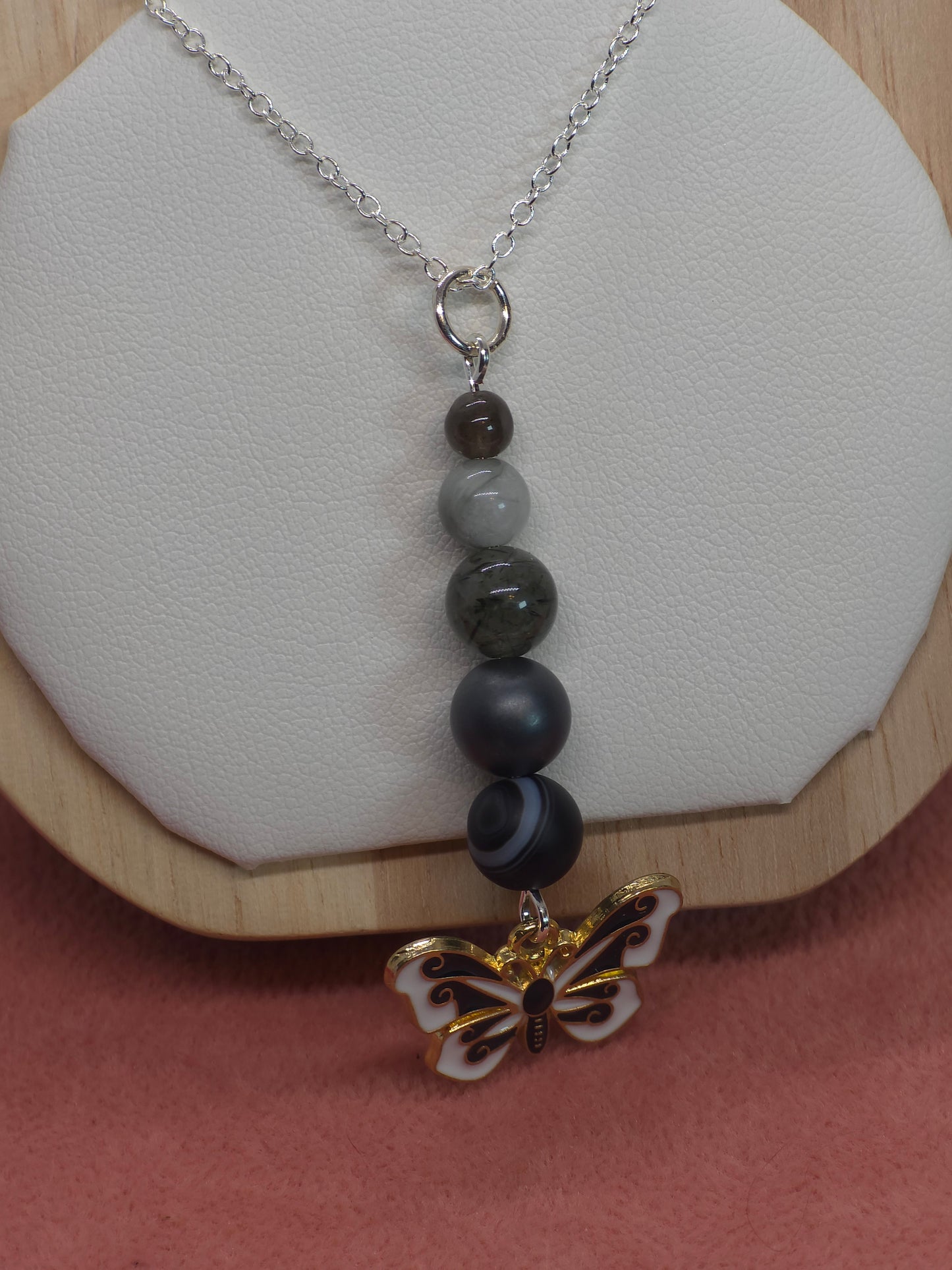Grounded Radiance Necklace: Black Sardonyx, Hematite, Rutilated Green Quartz, Labradorite & Grey Jasper - Cinnful Charms Jewelry