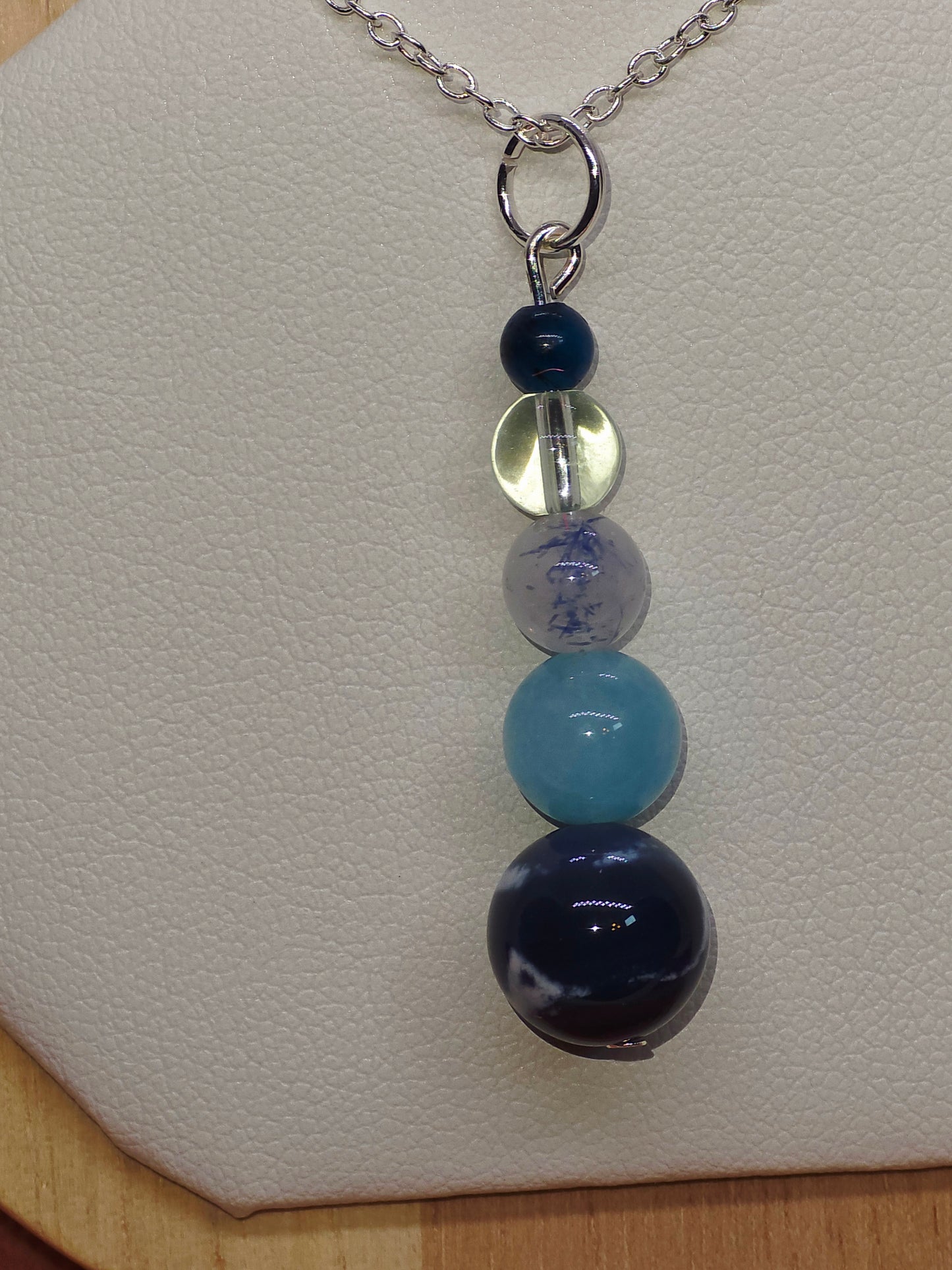 Ocean Flame Necklace: Blue Fire Agate, Aquamarine, Dumortierite, Clear Quartz & Blue Tiger's Eye - Cinnful Charms Jewelry