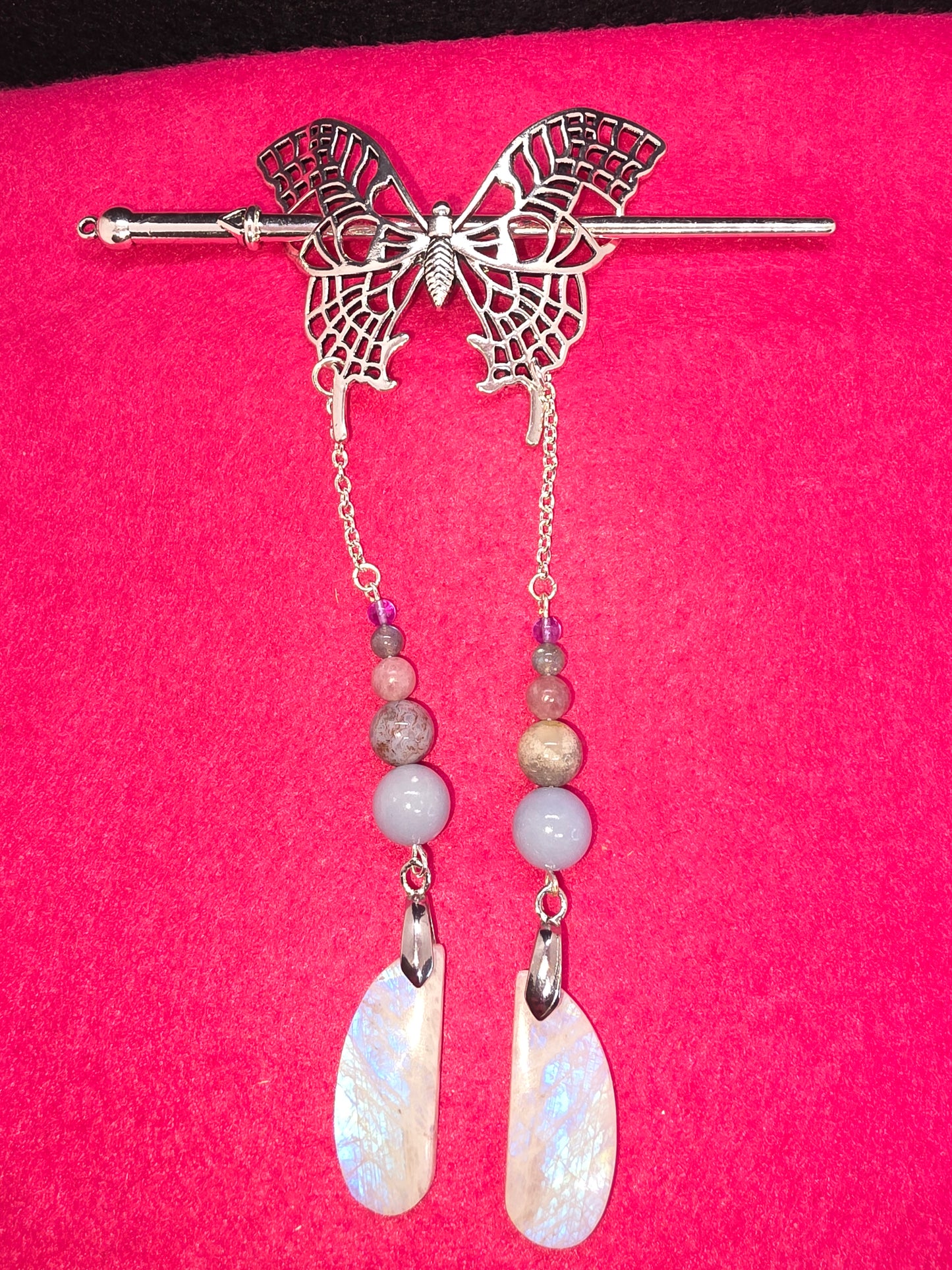 Viking & Butterfly Whispers: Silver Hair Clips with Blue Flash & Ancient Gems - Cinnful Charms Jewelry