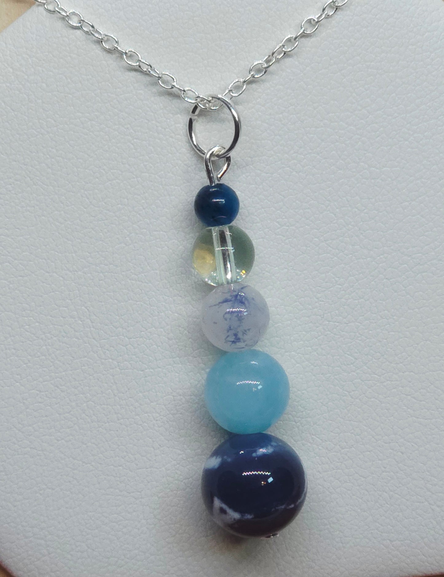 Ocean Flame Necklace: Blue Fire Agate, Aquamarine, Dumortierite, Clear Quartz & Blue Tiger's Eye - Cinnful Charms Jewelry