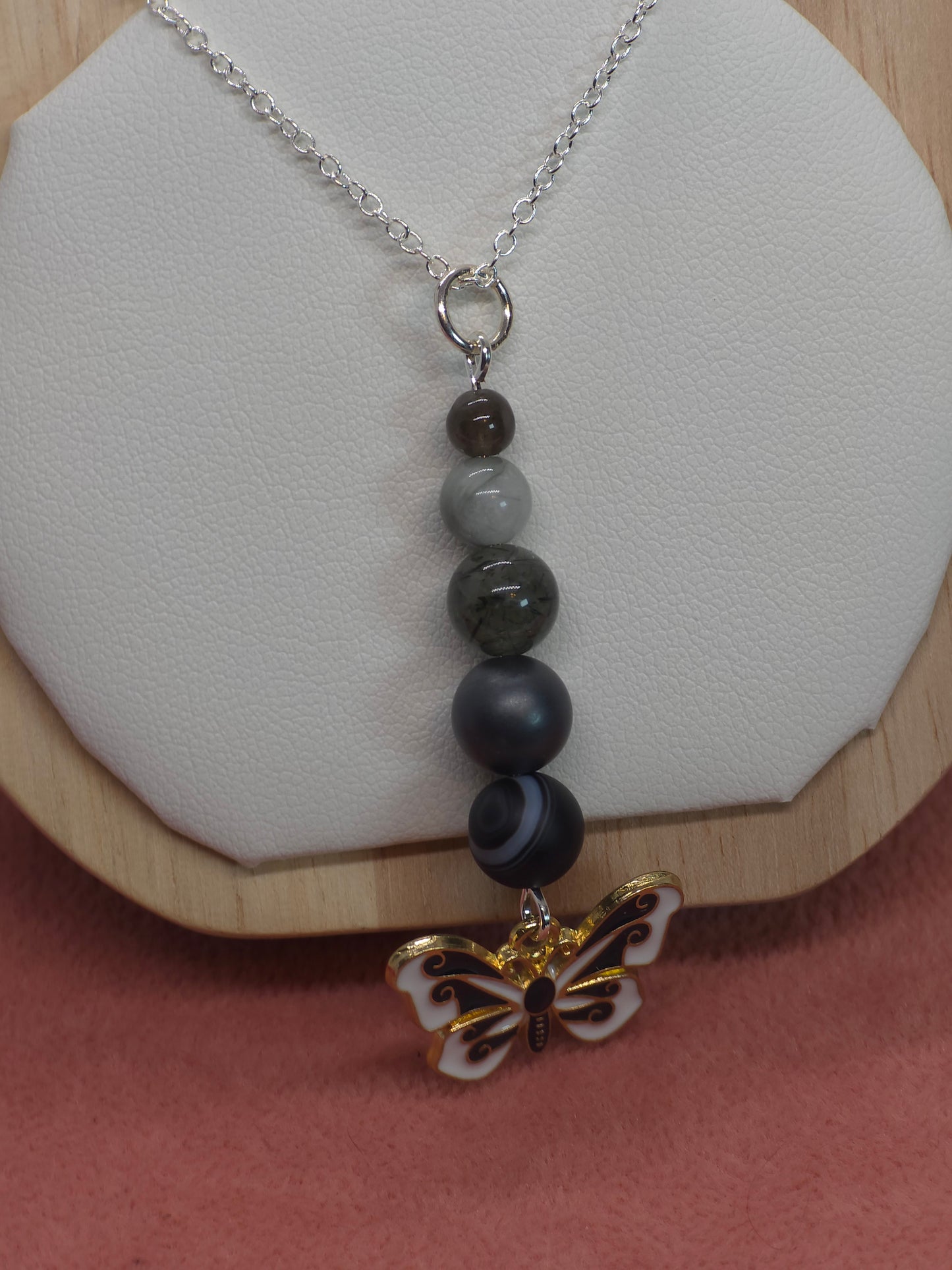 Grounded Radiance Necklace: Black Sardonyx, Hematite, Rutilated Green Quartz, Labradorite & Grey Jasper - Cinnful Charms Jewelry