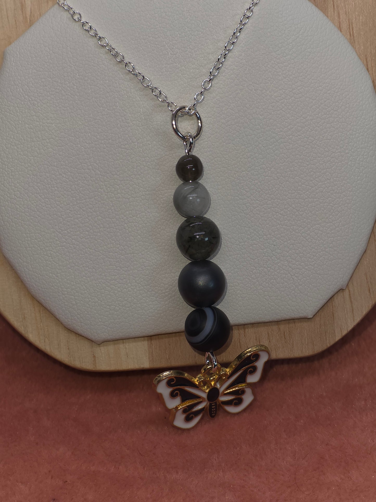 Grounded Radiance Necklace: Black Sardonyx, Hematite, Rutilated Green Quartz, Labradorite & Grey Jasper - Cinnful Charms Jewelry