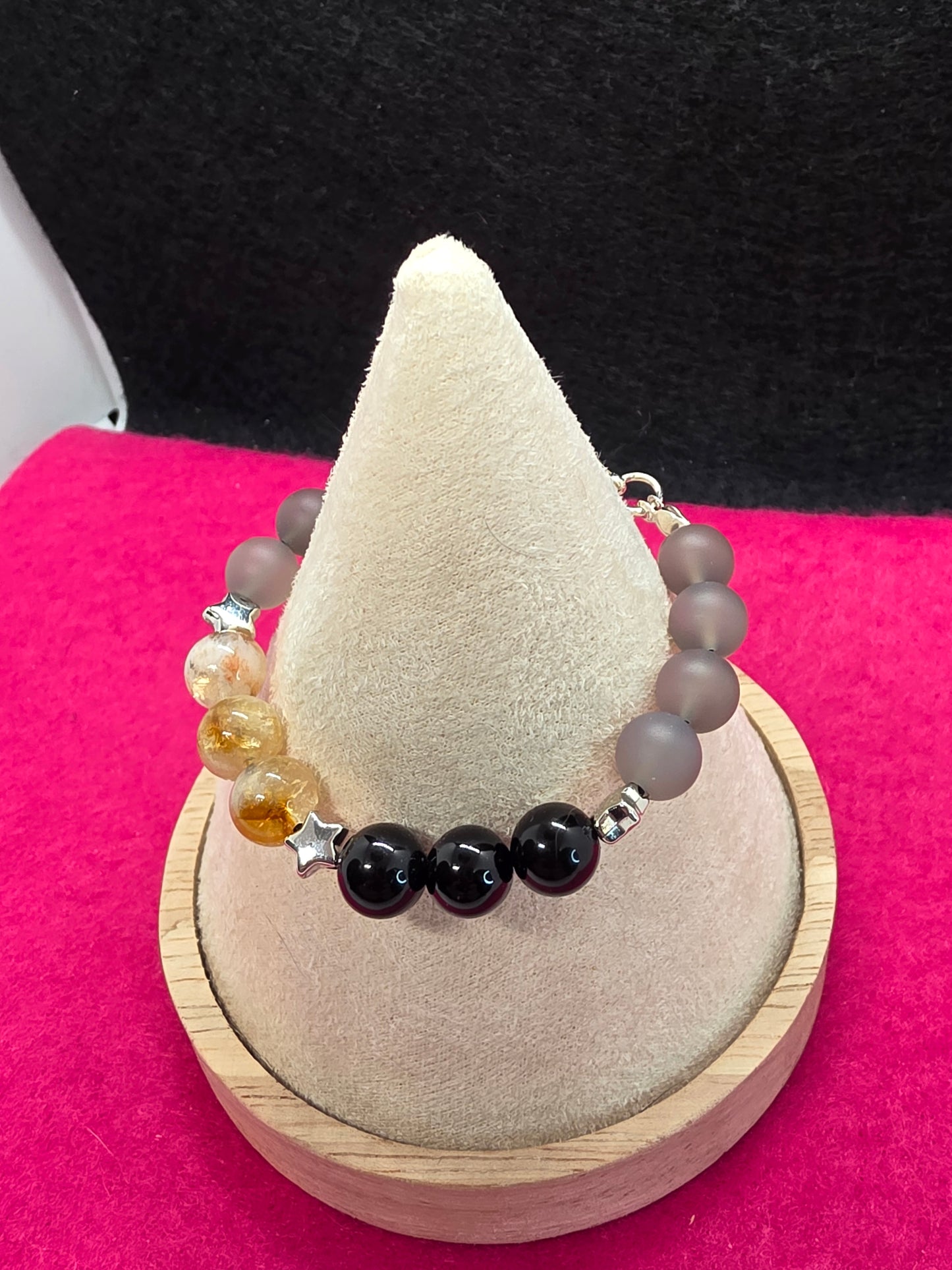 Balanced Brilliance: Grey Chalcedony, Citrine & Onyx Bracelet - Cinnful Charms Jewelry