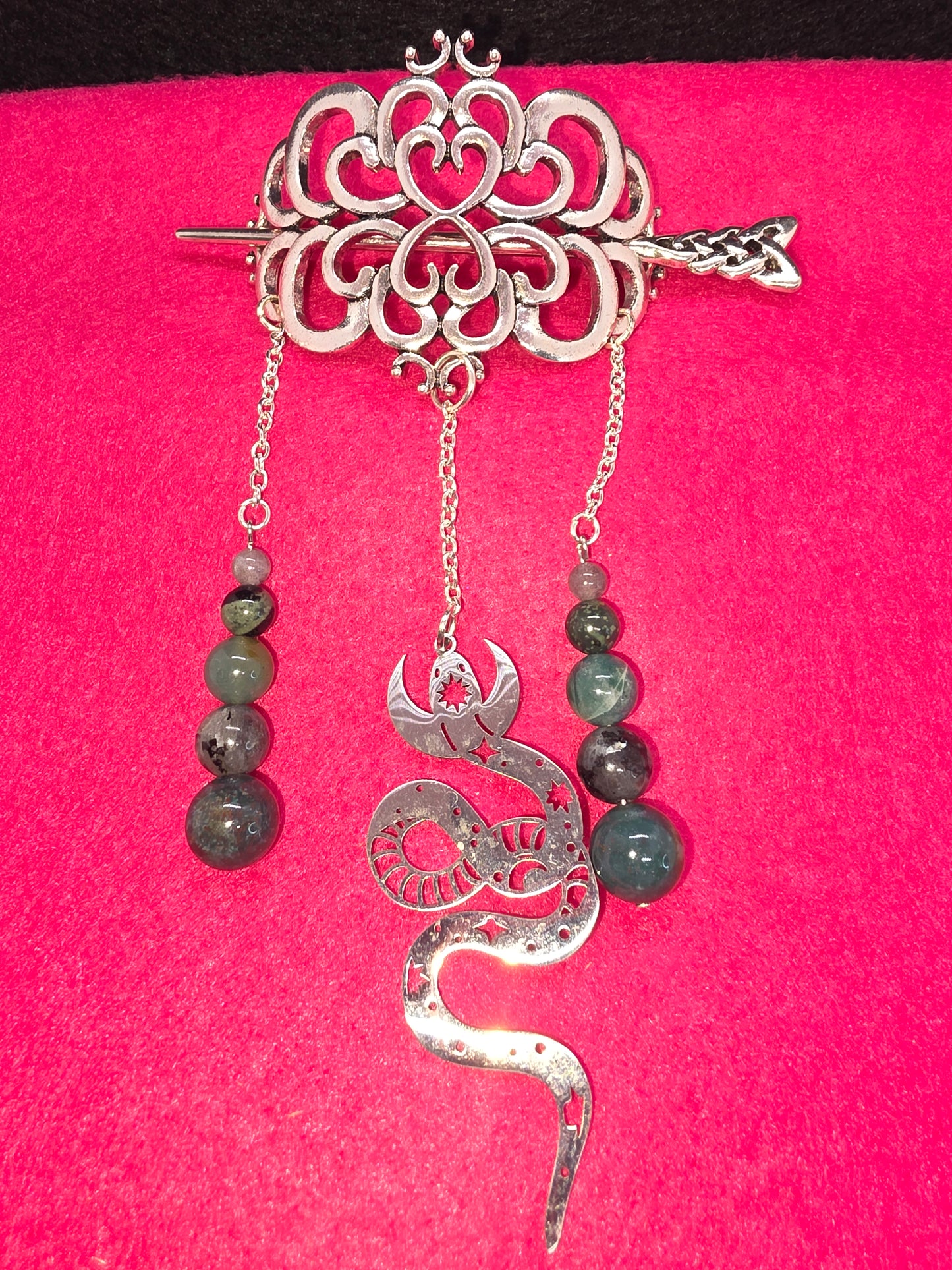 Old World Mystique: Silver Viking Hair Clips, Serpent Artistry & Earth's Gemstones - Cinnful Charms Jewelry