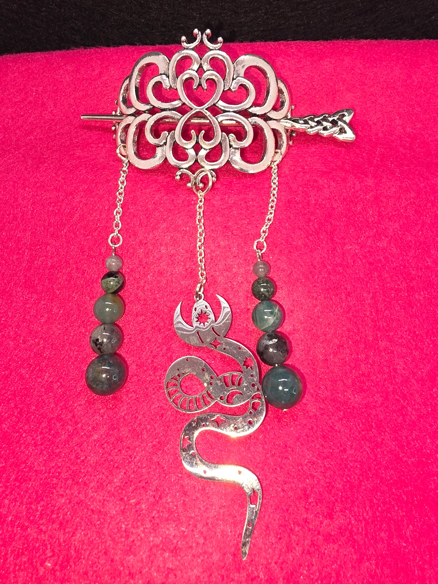Old World Mystique: Silver Viking Hair Clips, Serpent Artistry & Earth's Gemstones - Cinnful Charms Jewelry