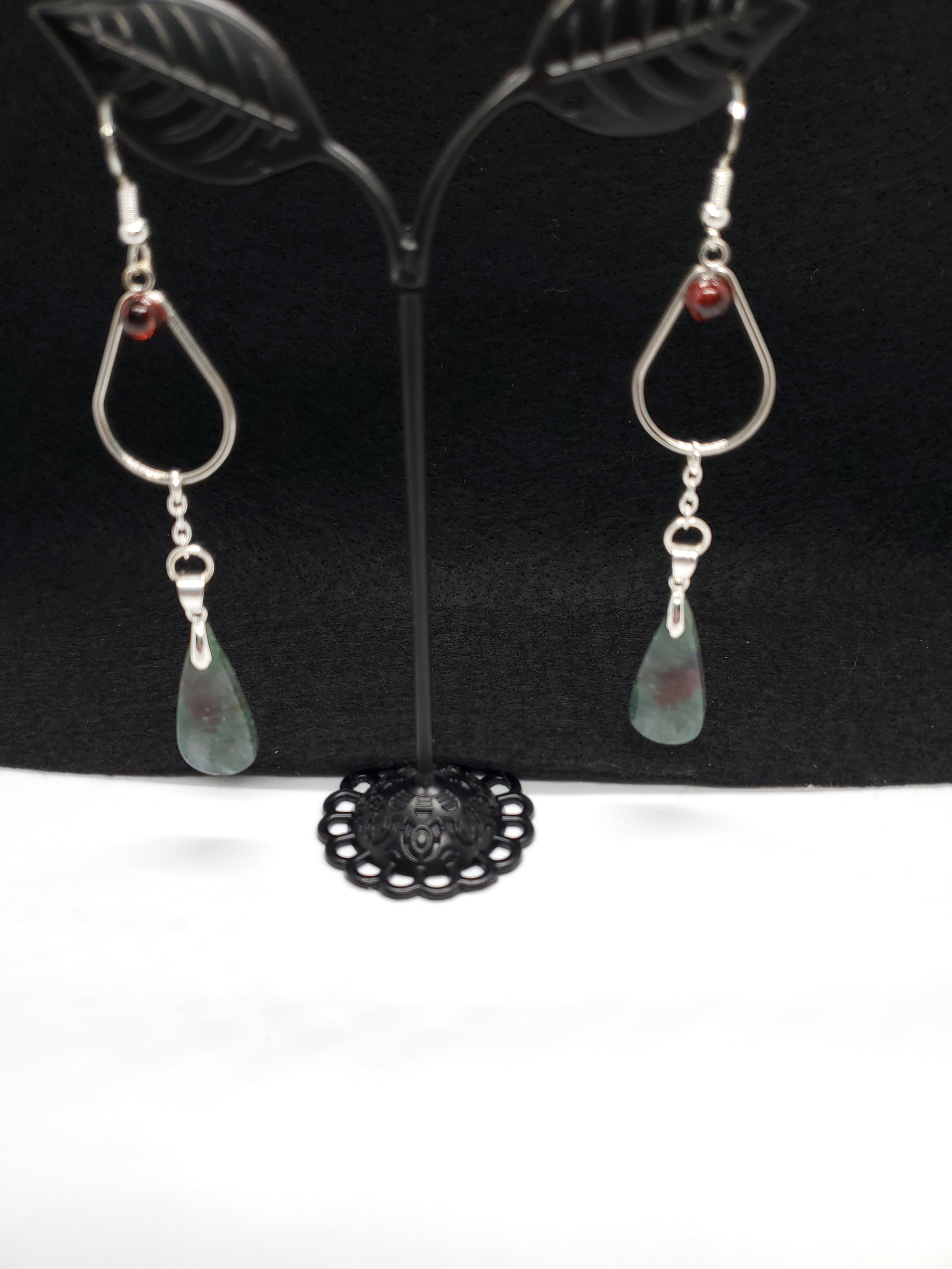 Green Fire Moss and Garnet Tears Earrings - Cinnful Charms Jewelry 