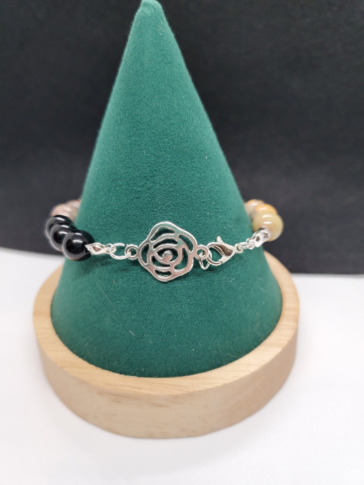 Desert Bloom Bracelet: Crazy Lace Agate, Black Onyx, Labradorite & Desert Rose. Size 7.5" - Cinnful Charms Jewelry 