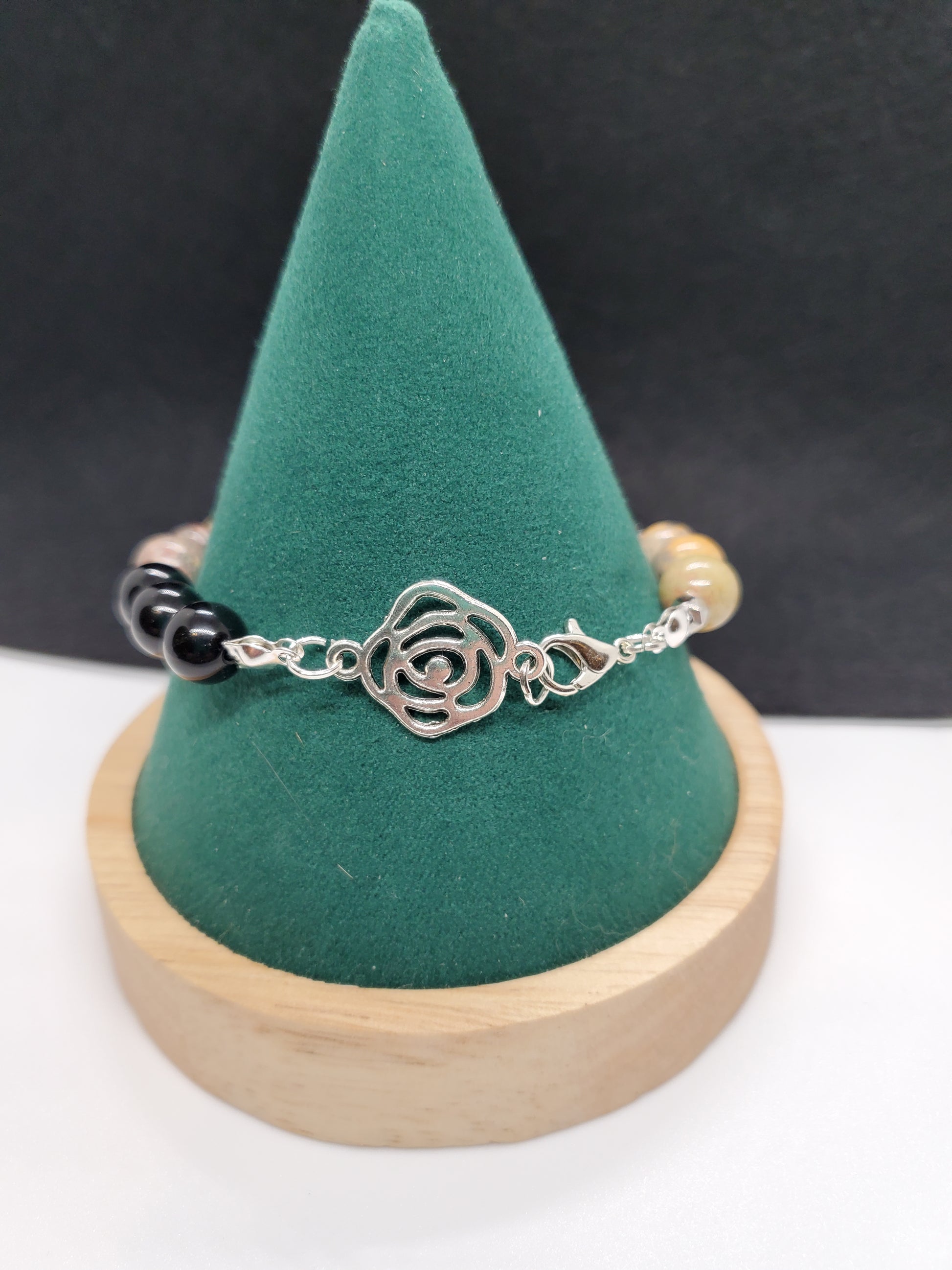 Desert Bloom Bracelet: Crazy Lace Agate, Black Onyx, Labradorite & Desert Rose. Size 7.5" - Cinnful Charms Jewelry 