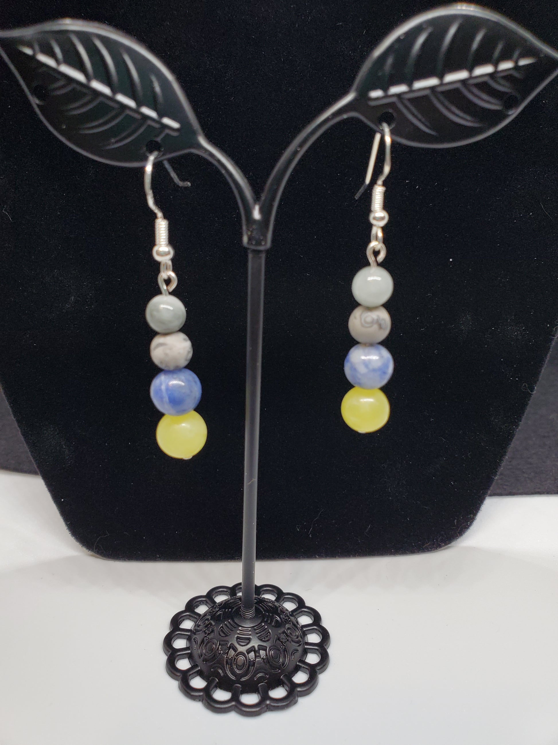 Timberwolves Gemstone Earrings: Lemon Calcite, Sodalite & Grey Crazy Lace. - Cinnful Charms Jewelry 