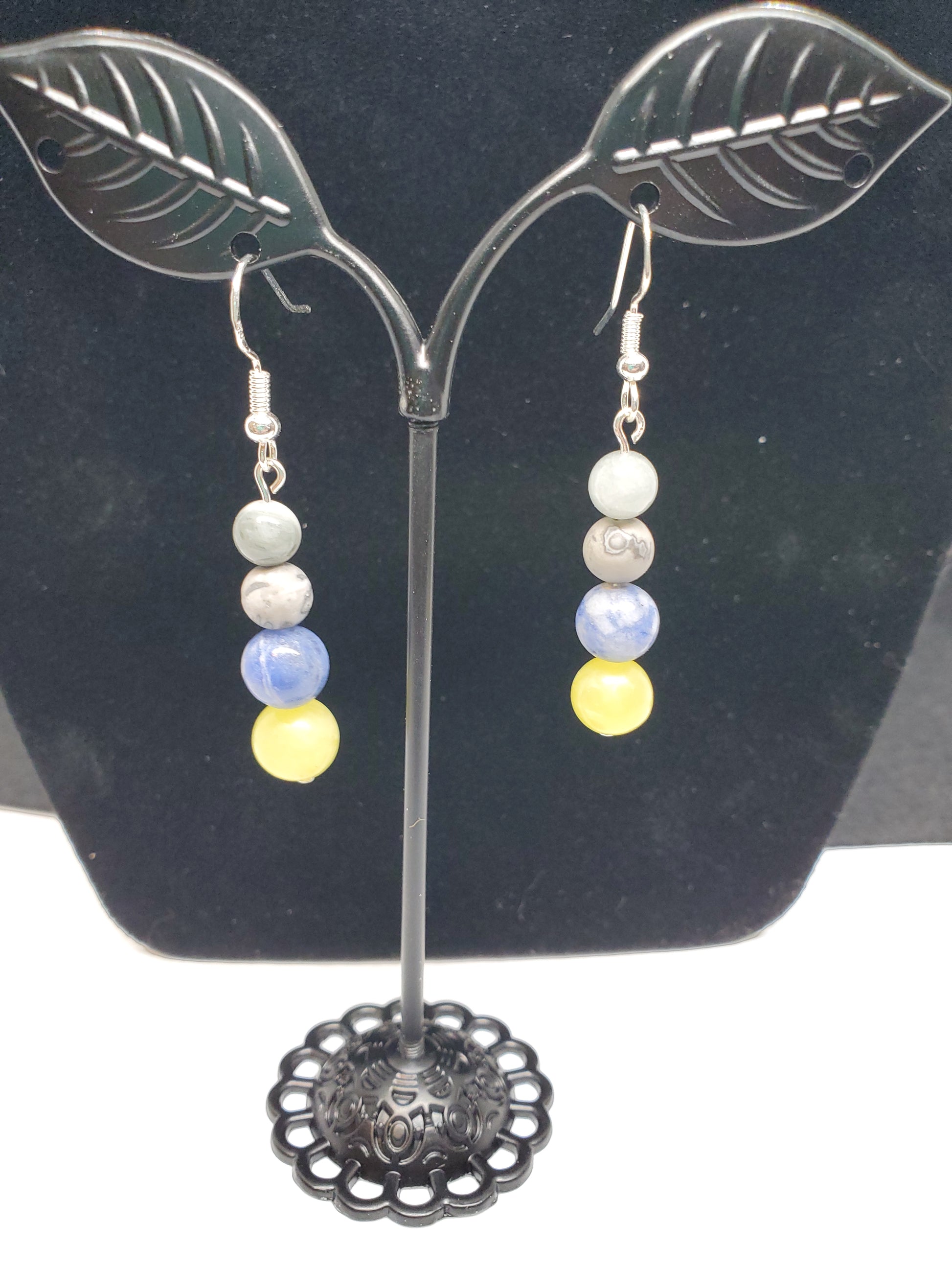 Timberwolves Gemstone Earrings: Lemon Calcite, Sodalite & Grey Crazy Lace. - Cinnful Charms Jewelry 