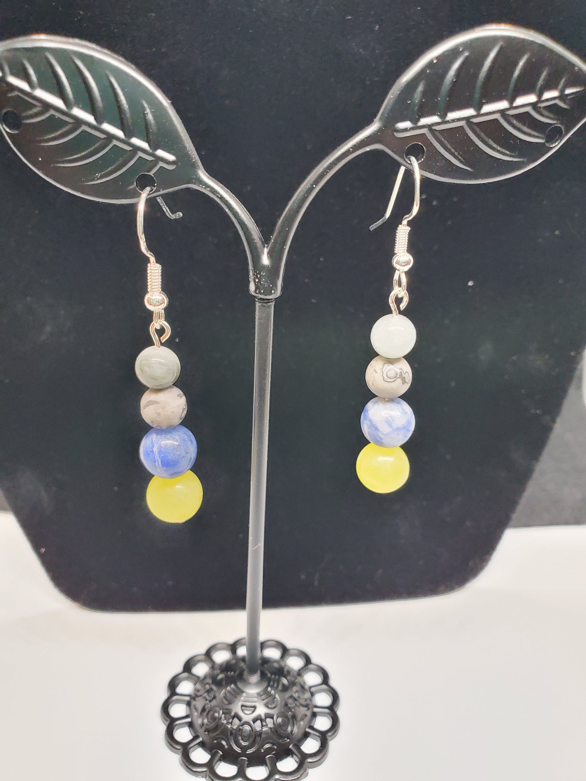 Timberwolves Gemstone Earrings: Lemon Calcite, Sodalite & Grey Crazy Lace. - Cinnful Charms Jewelry 