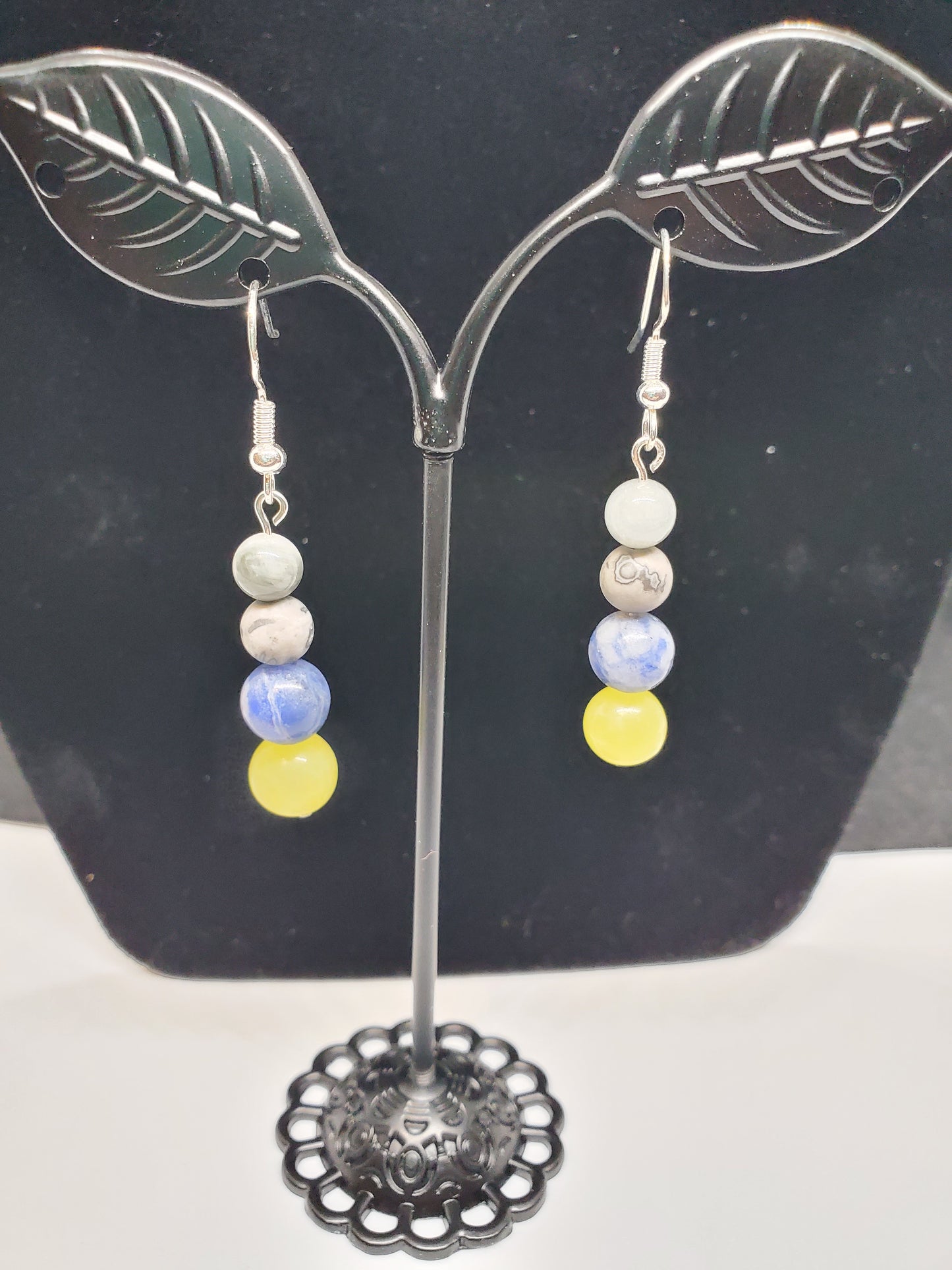Timberwolves Gemstone Earrings: Lemon Calcite, Sodalite & Grey Crazy Lace. - Cinnful Charms Jewelry 