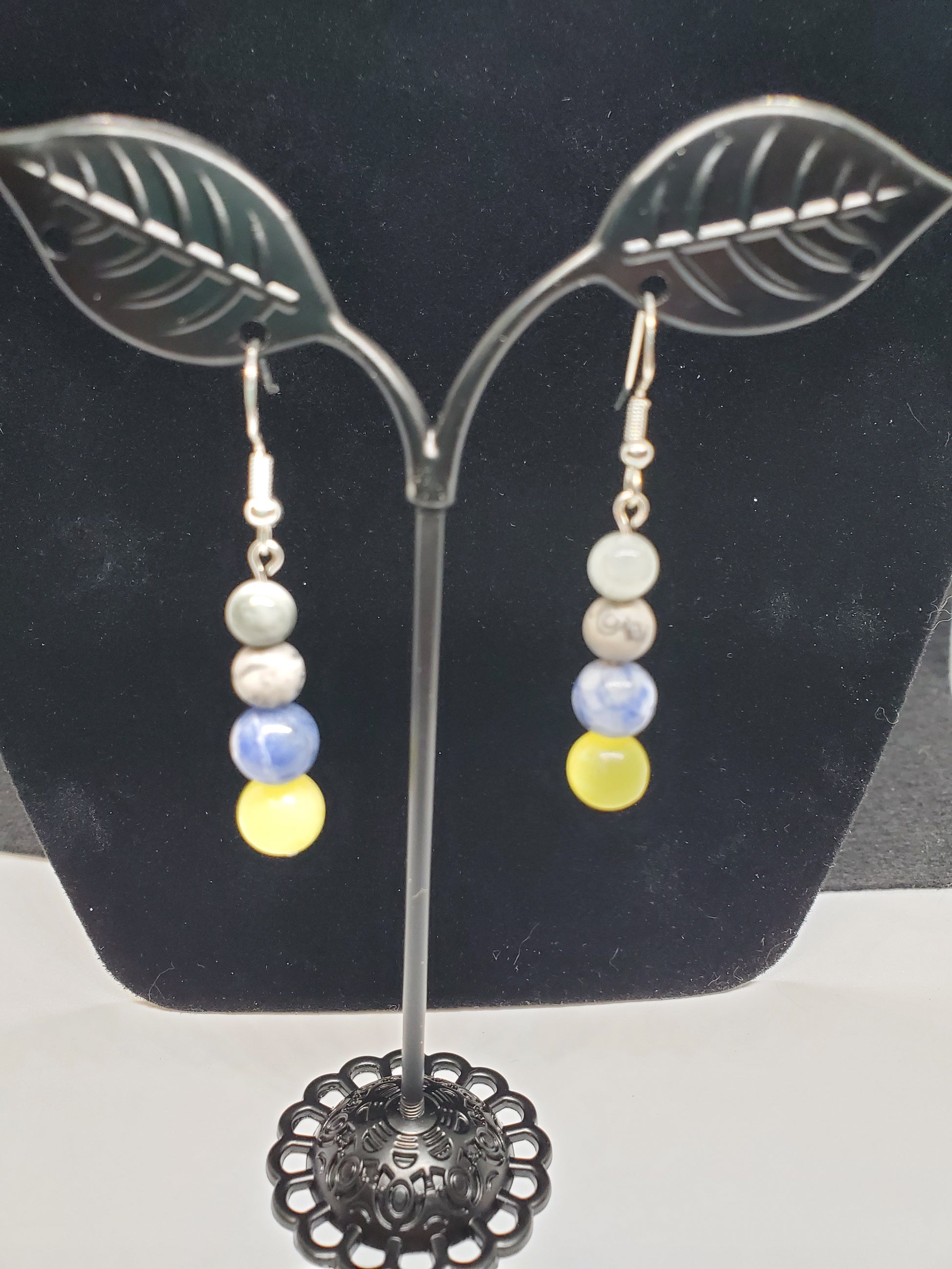 Timberwolves Gemstone Earrings: Lemon Calcite, Sodalite & Grey Crazy Lace. - Cinnful Charms Jewelry 