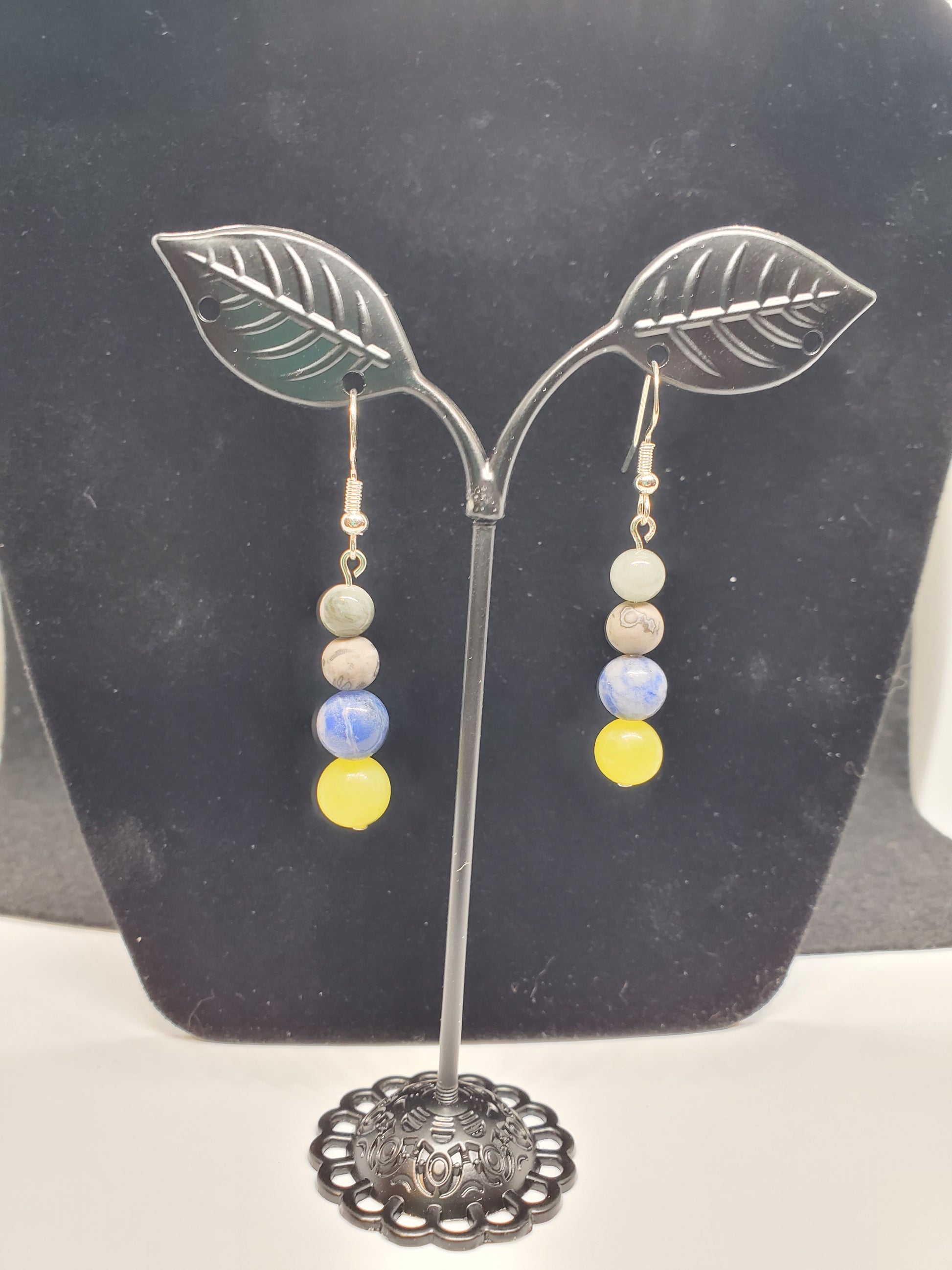 Timberwolves Gemstone Earrings: Lemon Calcite, Sodalite & Grey Crazy Lace. - Cinnful Charms Jewelry 