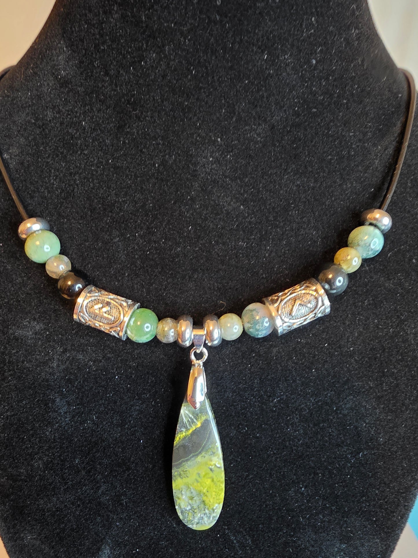Forge & Flow: Men's Necklaces - Moss Agate, Larvikite, Grey Crazy Lace & Bumblebee Jasper - Cinnful Charms Jewelry 