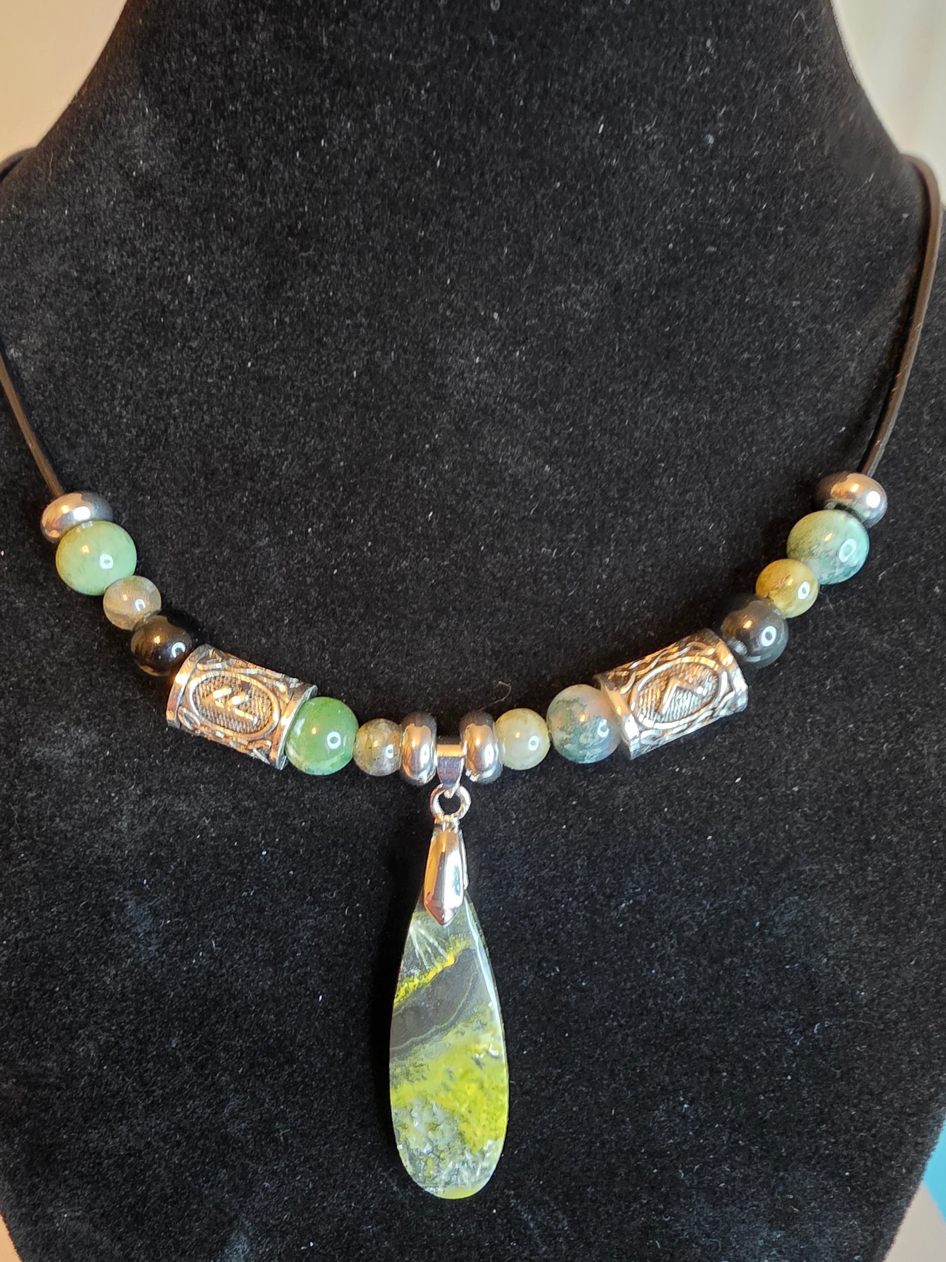 Forge & Flow: Men's Necklaces - Moss Agate, Larvikite, Grey Crazy Lace & Bumblebee Jasper - Cinnful Charms Jewelry 
