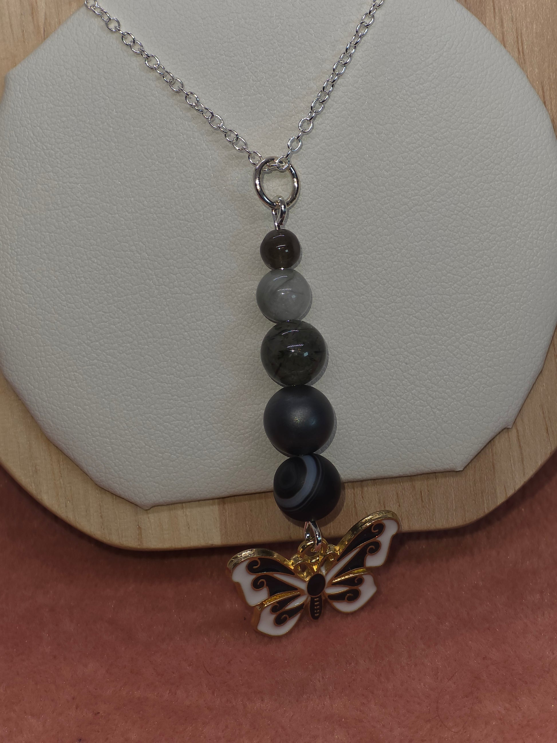 Grounded Radiance Necklace: Black Sardonyx, Hematite, Rutilated Green Quartz, Labradorite & Grey Jasper - Cinnful Charms Jewelry 