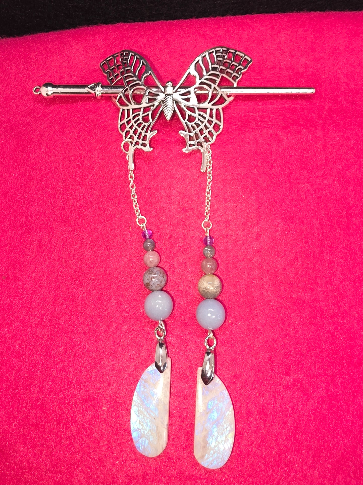 Viking & Butterfly Whispers: Silver Hair Clips with Blue Flash & Ancient Gems - Cinnful Charms Jewelry 