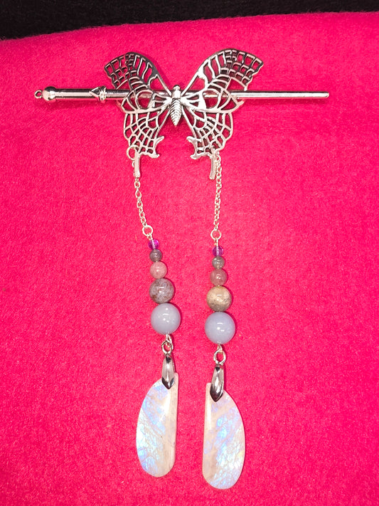 Viking & Butterfly Whispers: Silver Hair Clips with Blue Flash & Ancient Gems - Cinnful Charms Jewelry 