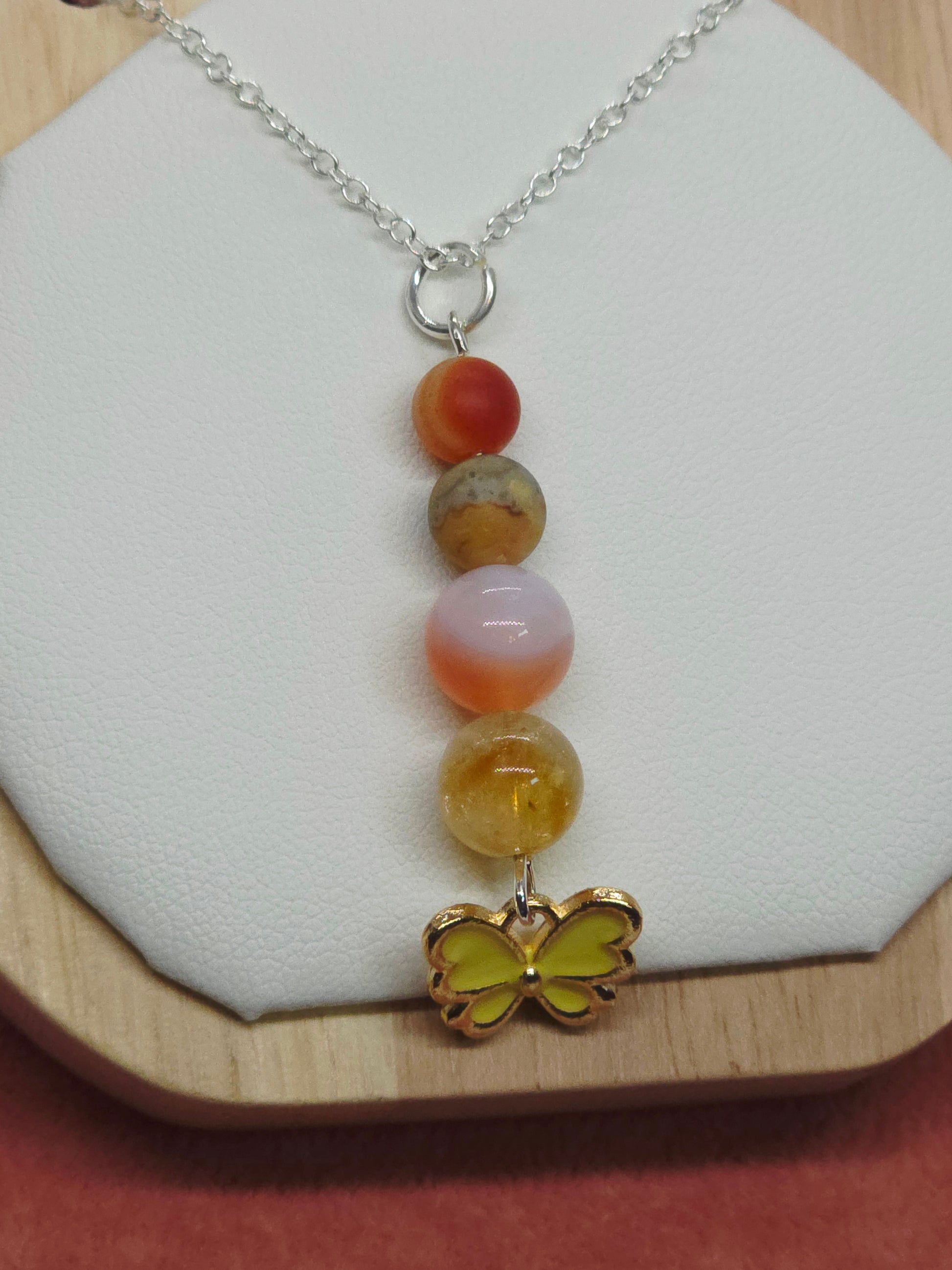 Fluttering Radiance Necklace: Yellow Butterfly, Citrine, Red Botswana, Crazy Lace & Red Matte Sardonyx - Cinnful Charms Jewelry 