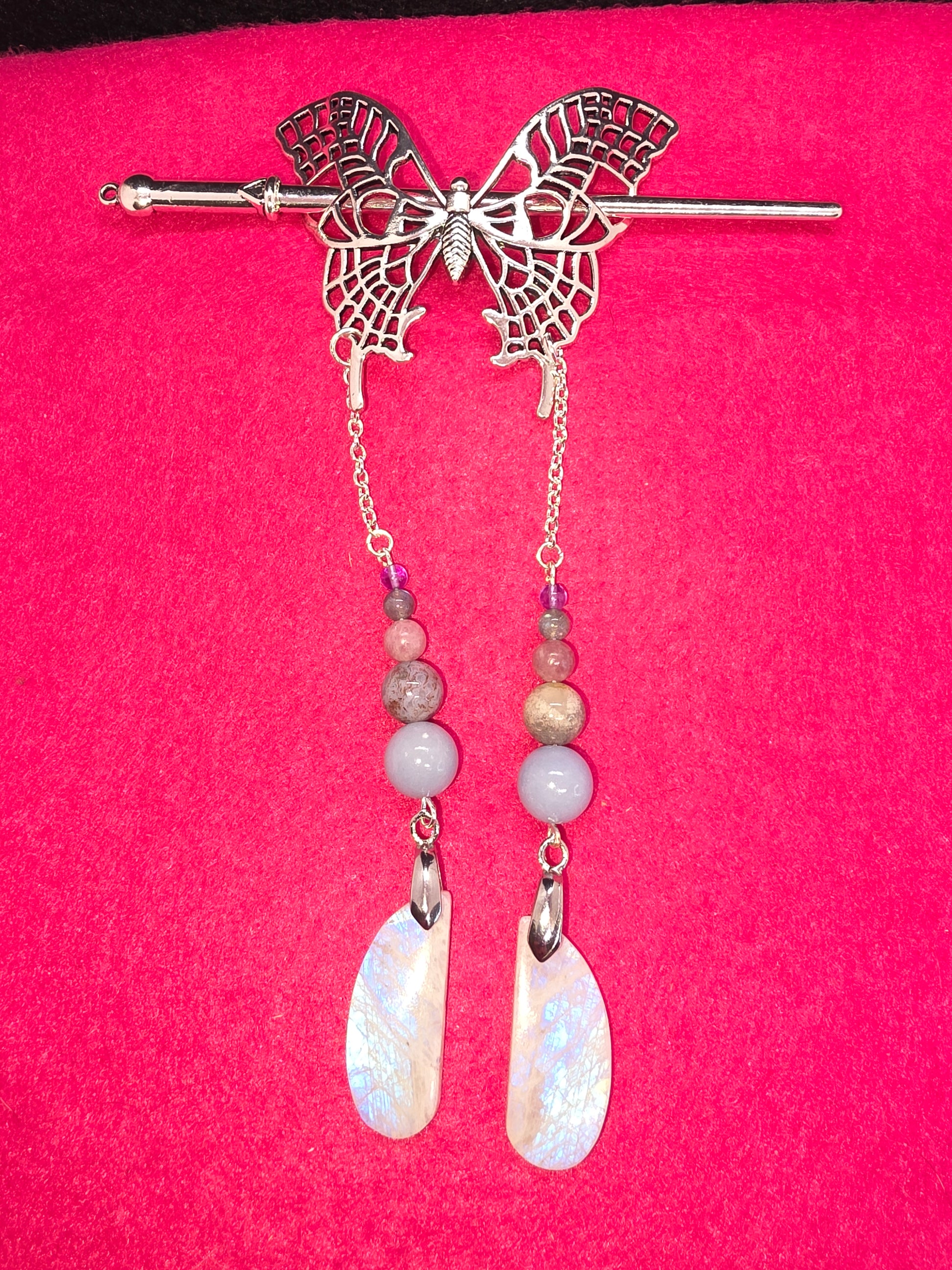 Viking & Butterfly Whispers: Silver Hair Clips with Blue Flash & Ancient Gems - Cinnful Charms Jewelry 
