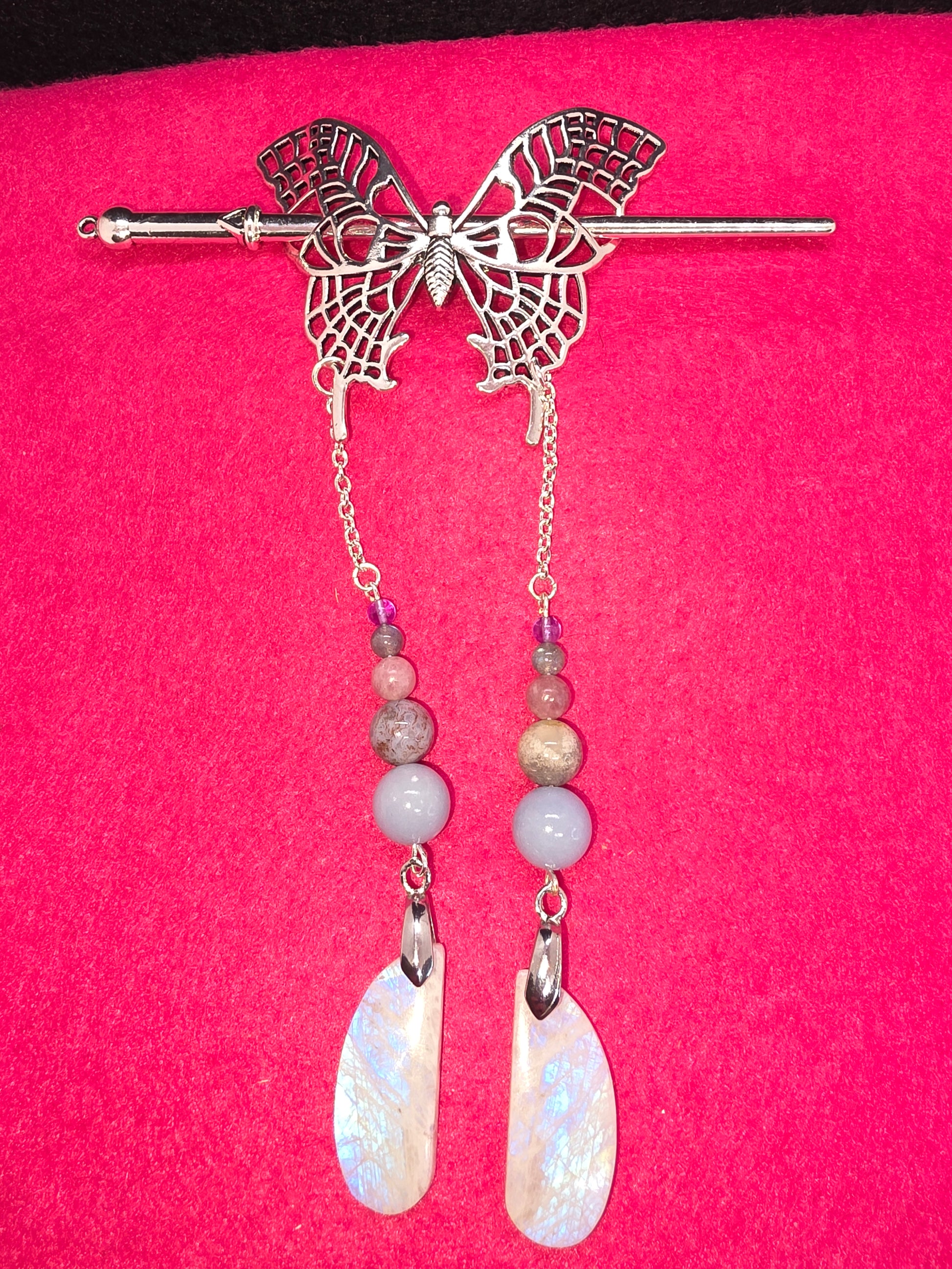 Viking & Butterfly Whispers: Silver Hair Clips with Blue Flash & Ancient Gems - Cinnful Charms Jewelry 