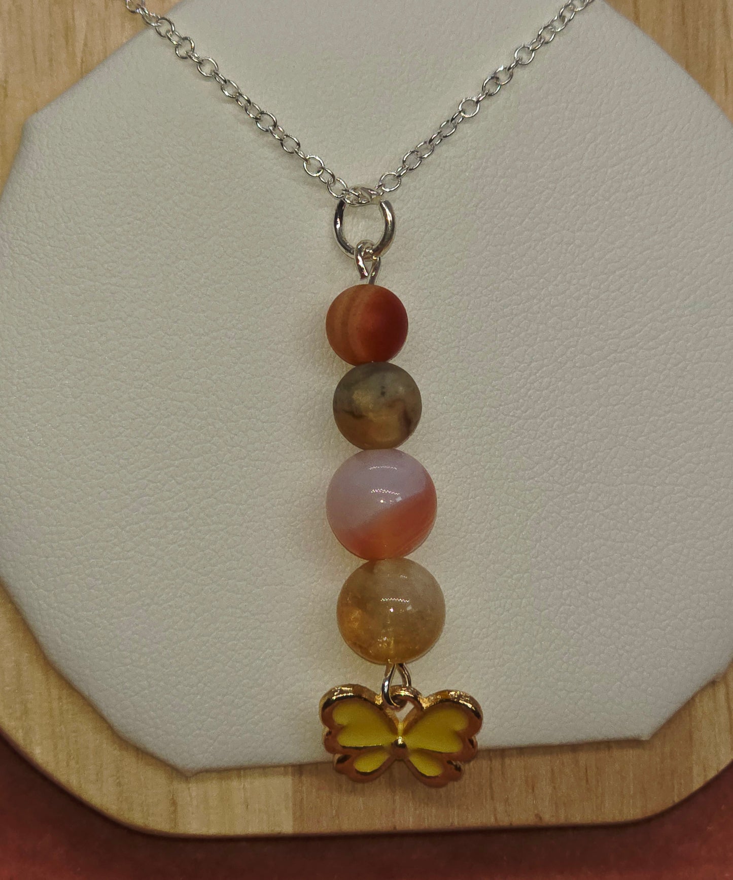 Fluttering Radiance Necklace: Yellow Butterfly, Citrine, Red Botswana, Crazy Lace & Red Matte Sardonyx - Cinnful Charms Jewelry 