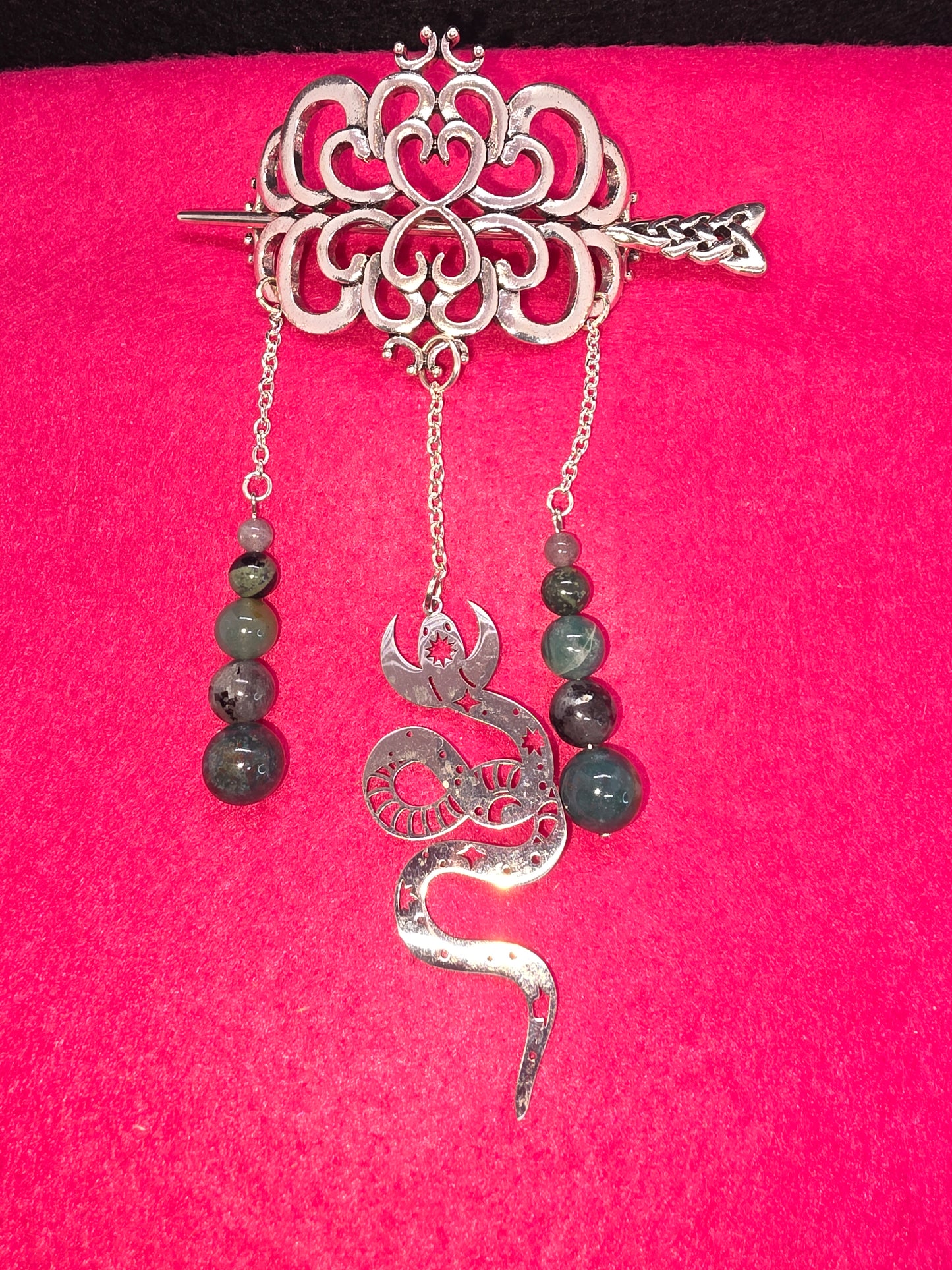 Old World Mystique: Silver Viking Hair Clips, Serpent Artistry & Earth's Gemstones - Cinnful Charms Jewelry 