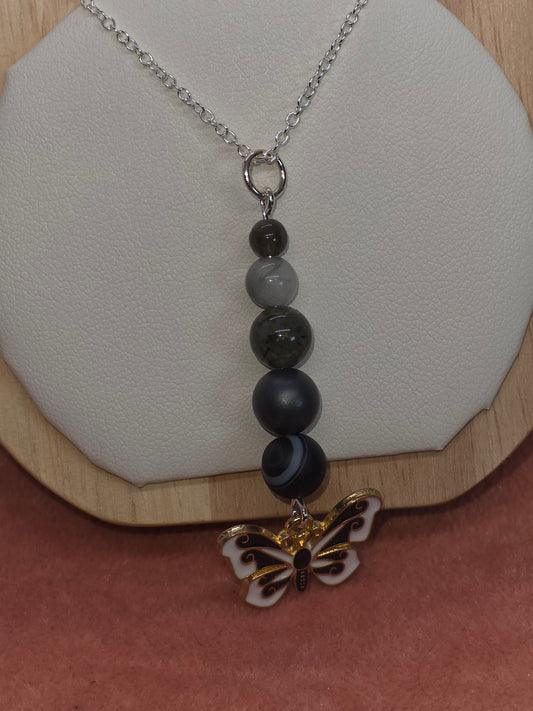 Grounded Radiance Necklace: Black Sardonyx, Hematite, Rutilated Green Quartz, Labradorite & Grey Jasper - Cinnful Charms Jewelry 