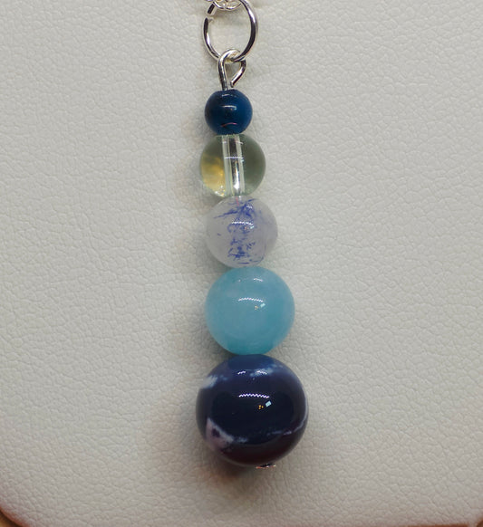 Ocean Flame Necklace: Blue Fire Agate, Aquamarine, Dumortierite, Clear Quartz & Blue Tiger's Eye - Cinnful Charms Jewelry 
