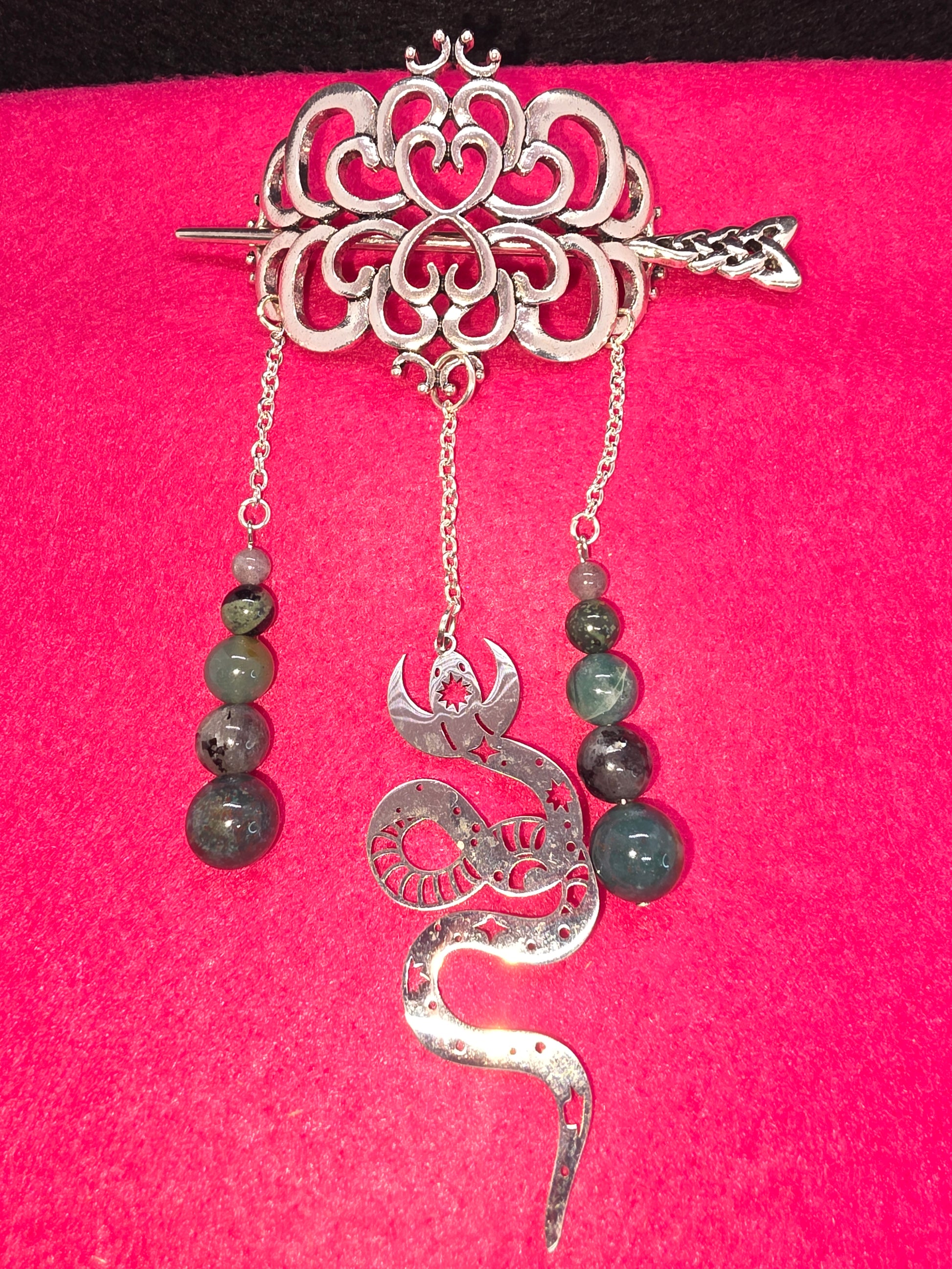 Old World Mystique: Silver Viking Hair Clips, Serpent Artistry & Earth's Gemstones - Cinnful Charms Jewelry 