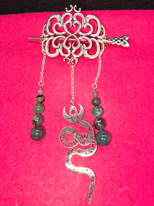 Old World Mystique: Silver Viking Hair Clips, Serpent Artistry & Earth's Gemstones - Cinnful Charms Jewelry 